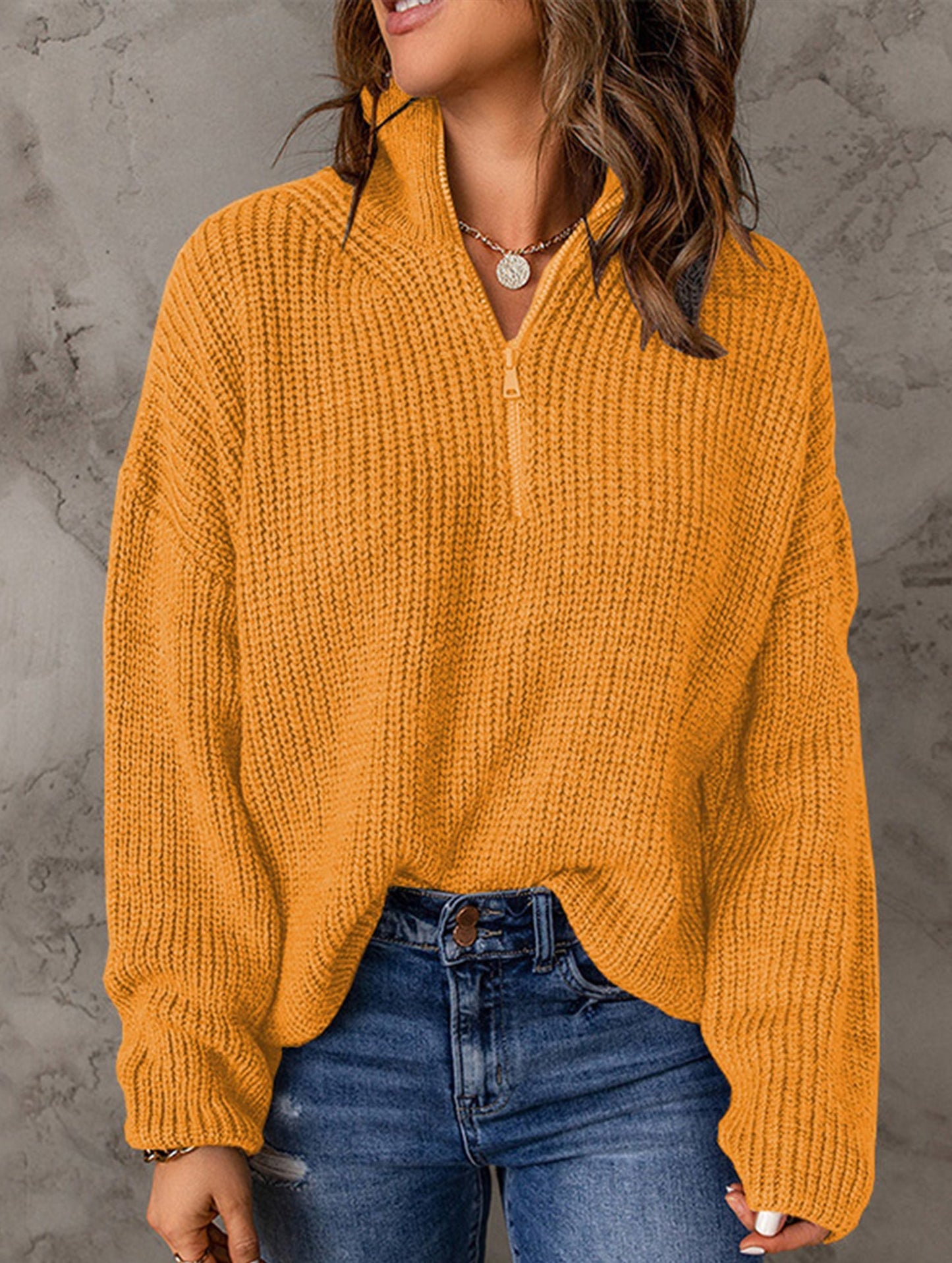 Loose high-neck ribbed pullover sweater