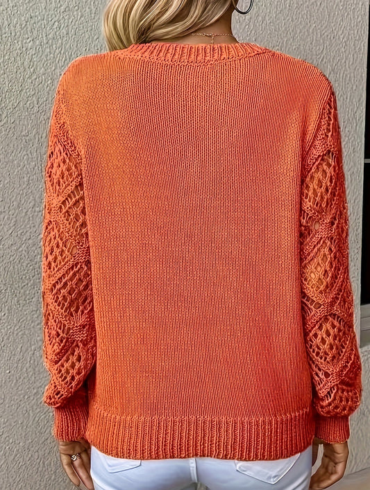 Loose V-neck hollow knit sweater