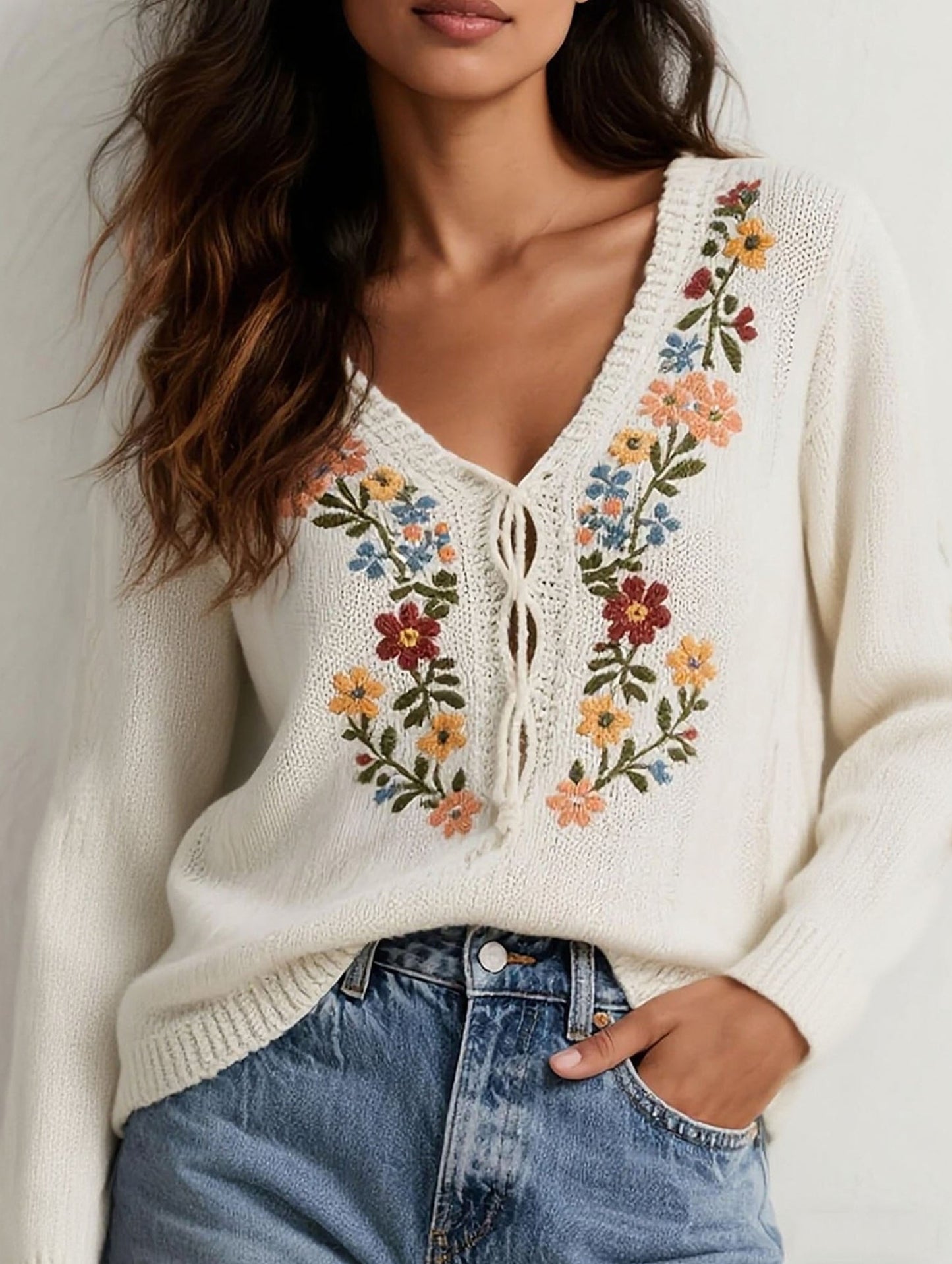 Vintage hand-embroidered flower knitted sweater