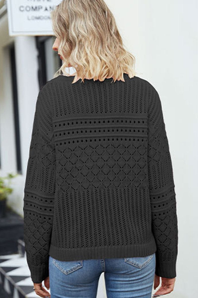 WOMEN EYELET CROCHET KNITTED LONG SLEEVE SWEATER