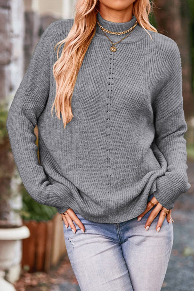 WOMEN RIBBED HIGH NECK EYELET DETAILED SWEATER