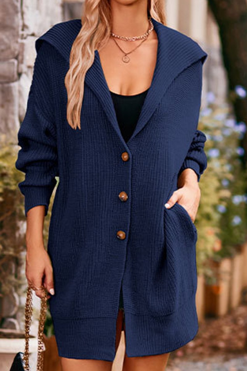 WOMEN OVERSIZED BUTTON CLOSURE HOODED CARDIGAN