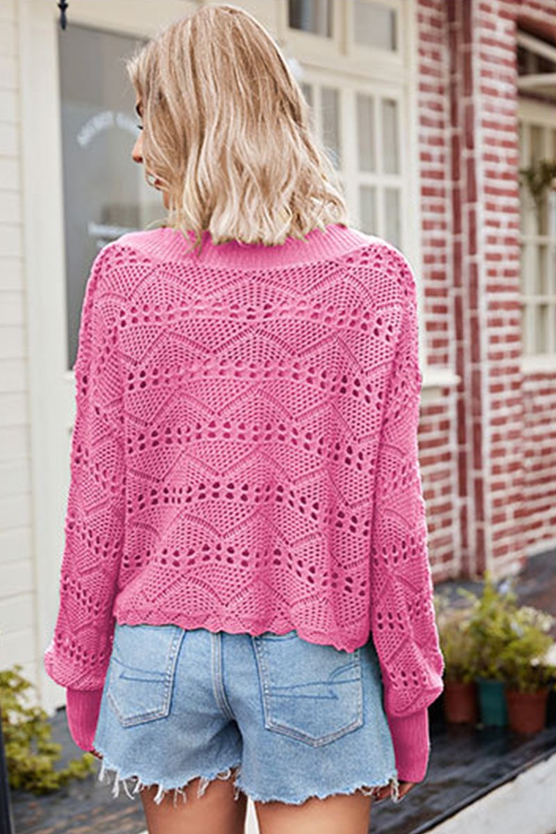 WOMEN RIBBED V NECK EYELET PUNCHING SWEAT TOP