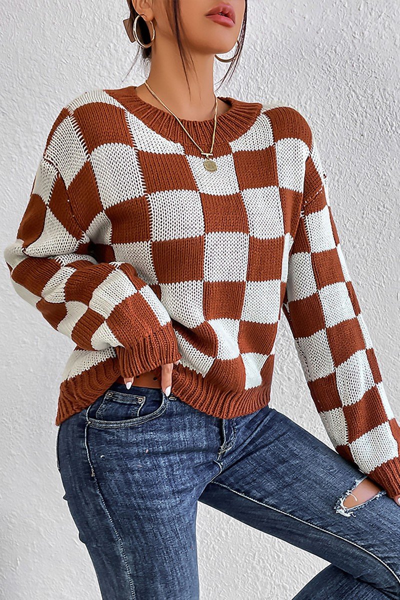 WOMEN LOOSE FIT RIBBED PLAID PATTERN KNIT SWEATER