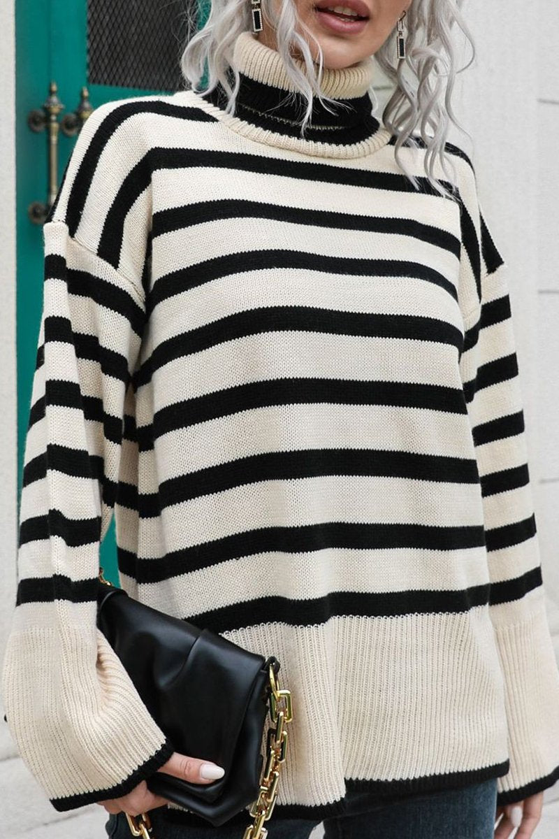 WOMEN STRIPED SIDE SLIT TURTLENECK LOOSE SWEATER