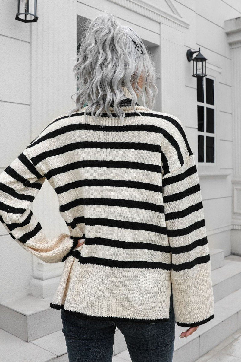 WOMEN STRIPED SIDE SLIT TURTLENECK LOOSE SWEATER