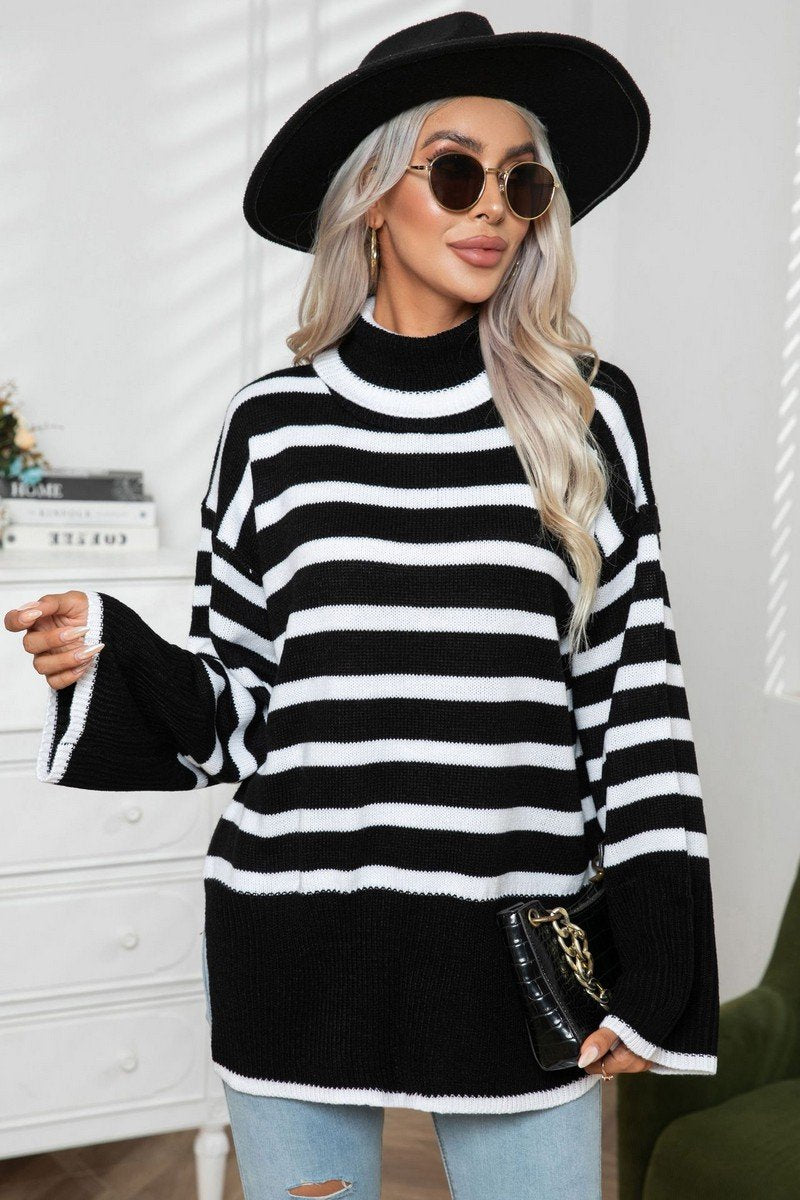 WOMEN STRIPED SIDE SLIT TURTLENECK LOOSE SWEATER