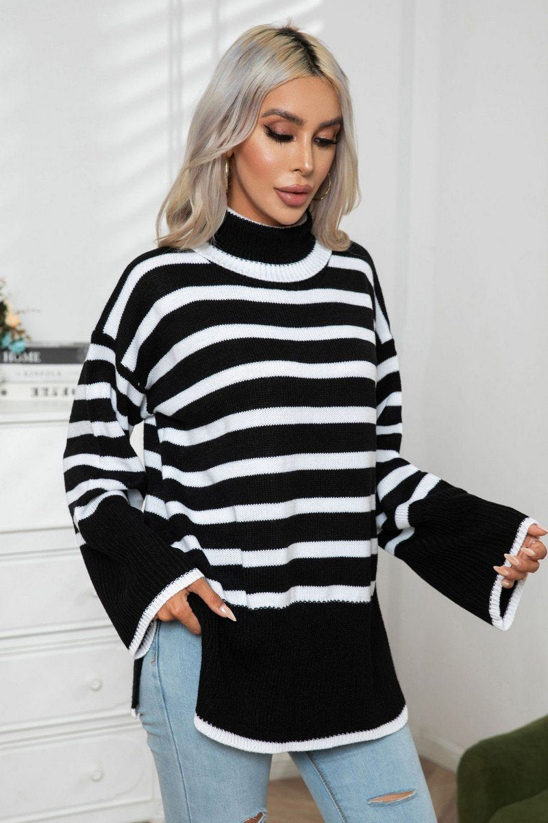 WOMEN STRIPED SIDE SLIT TURTLENECK LOOSE SWEATER