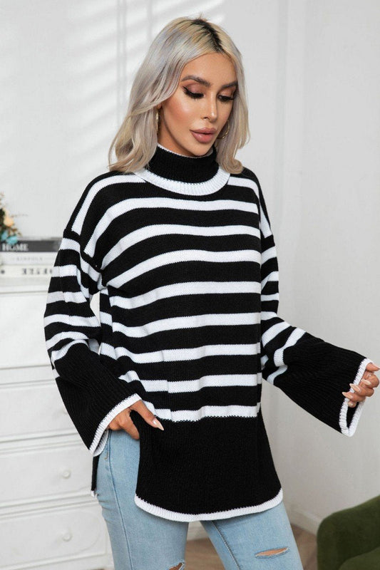 WOMEN STRIPED SIDE SLIT TURTLENECK LOOSE SWEATER