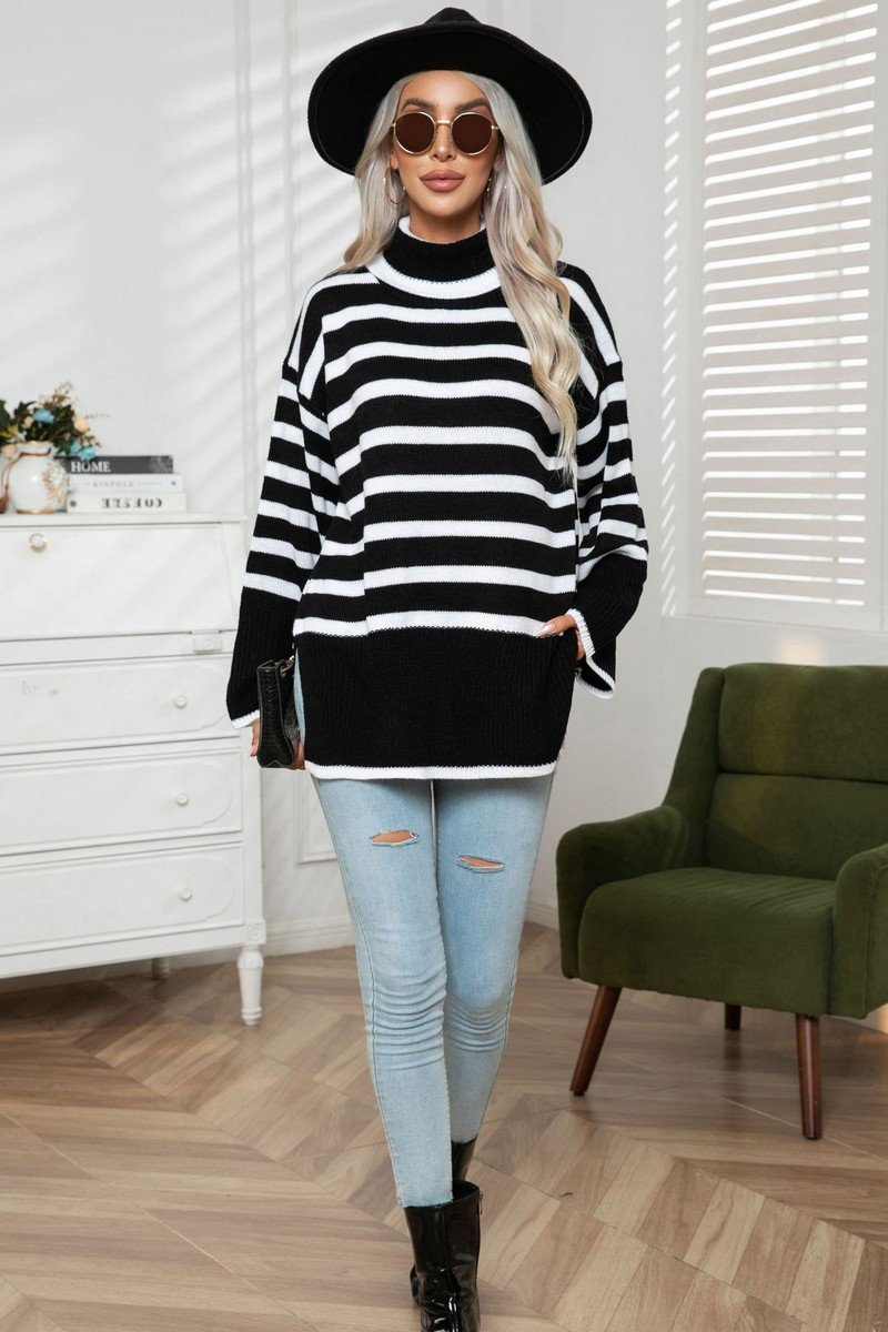 WOMEN STRIPED SIDE SLIT TURTLENECK LOOSE SWEATER
