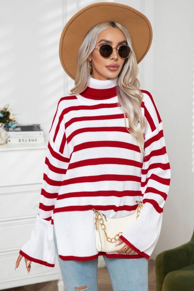 WOMEN STRIPED SIDE SLIT TURTLENECK LOOSE SWEATER