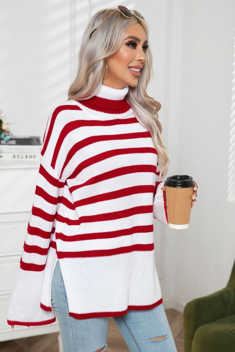WOMEN STRIPED SIDE SLIT TURTLENECK LOOSE SWEATER