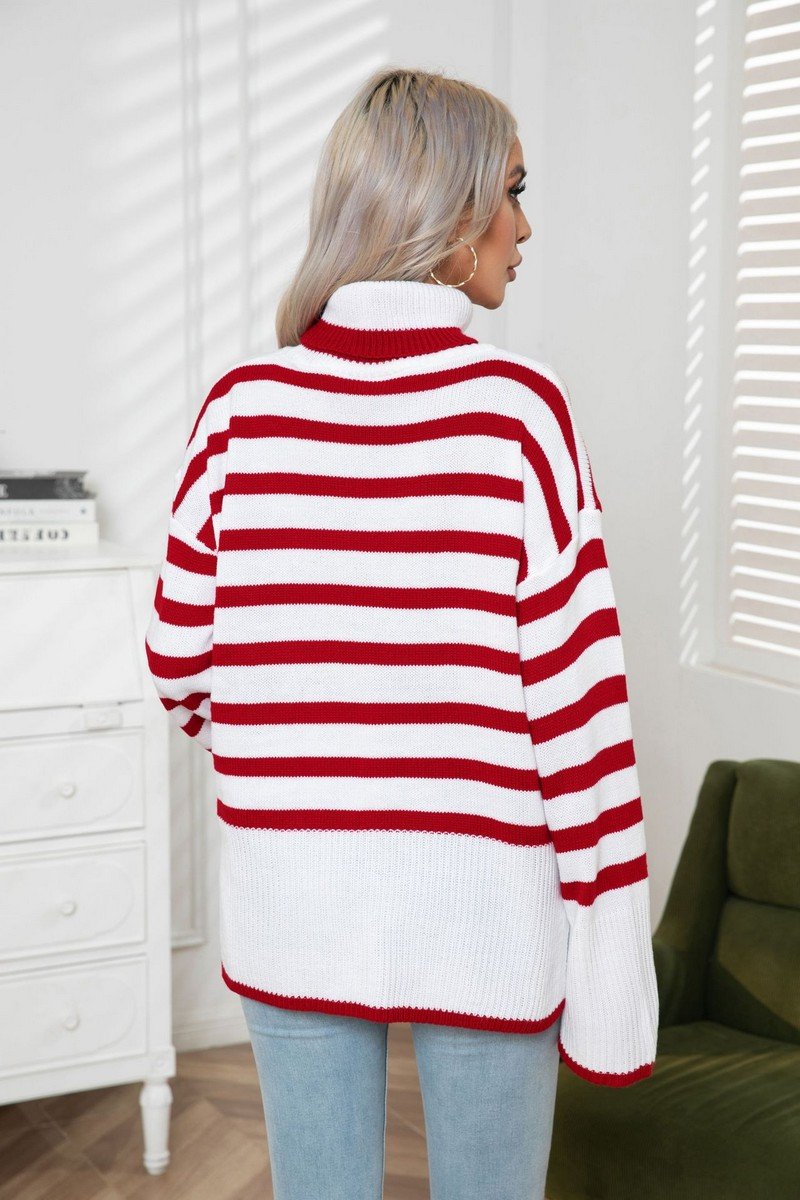 WOMEN STRIPED SIDE SLIT TURTLENECK LOOSE SWEATER