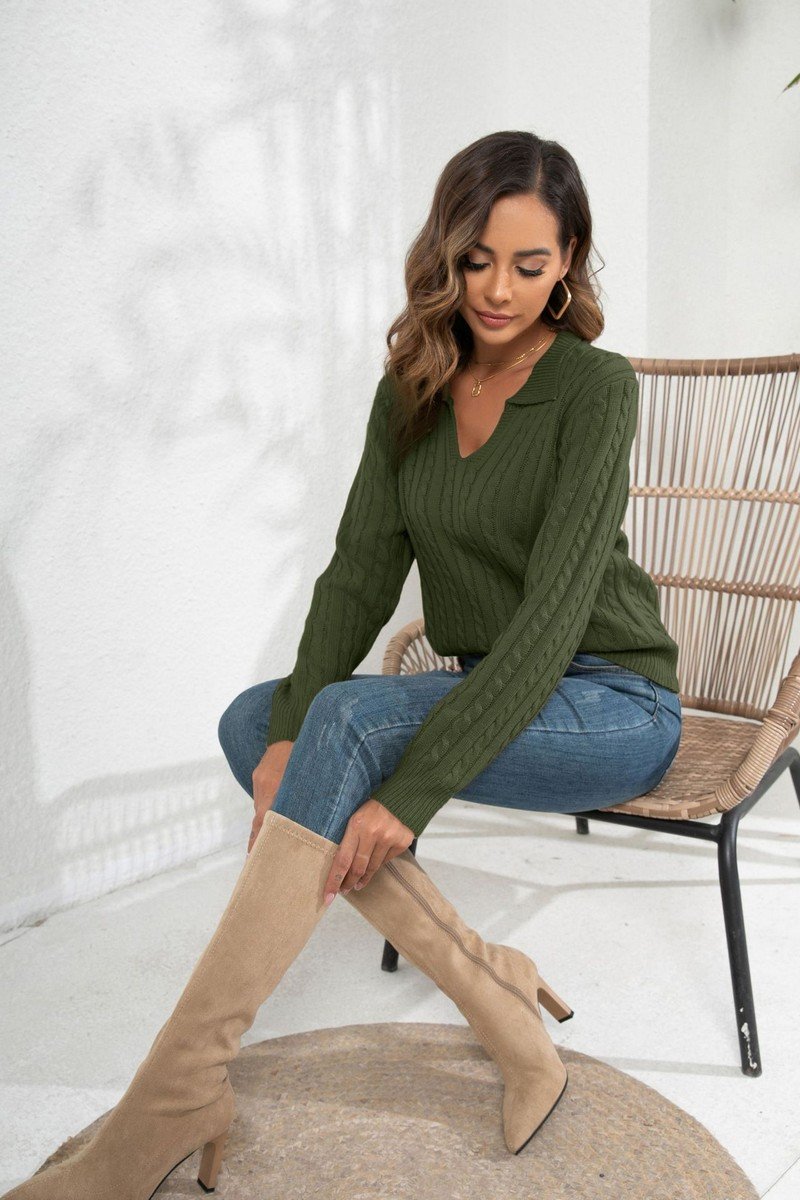 WOMEN LAPEL TWIST LOOSE LONG SLEEVE KNIT SWEATER