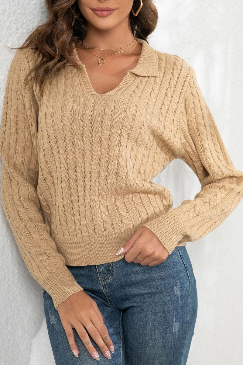 WOMEN LAPEL TWIST LOOSE LONG SLEEVE KNIT SWEATER