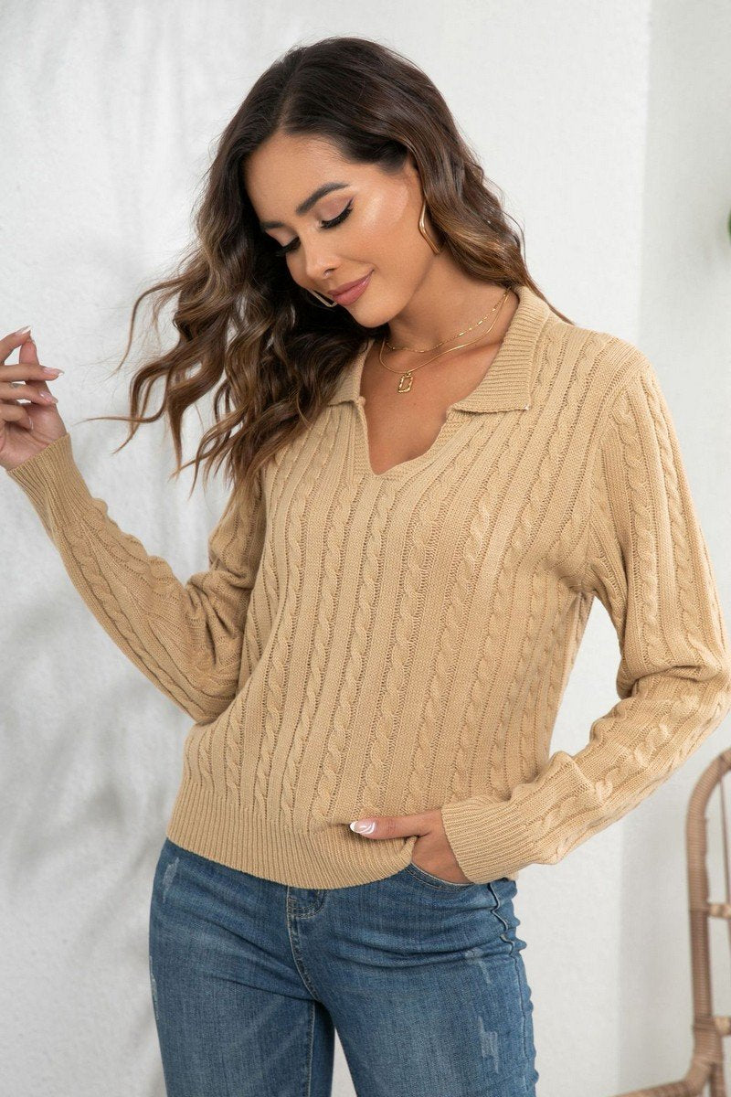 WOMEN LAPEL TWIST LOOSE LONG SLEEVE KNIT SWEATER