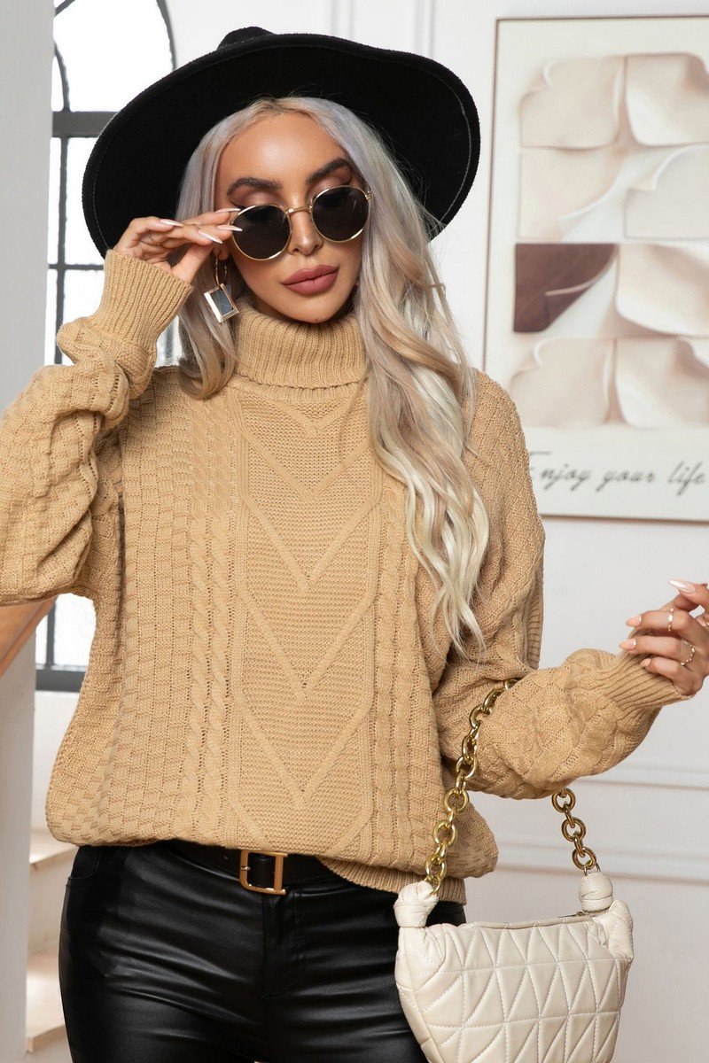 WOMEN TWIST HIGH NECK LOOSE KNIT SWEATER