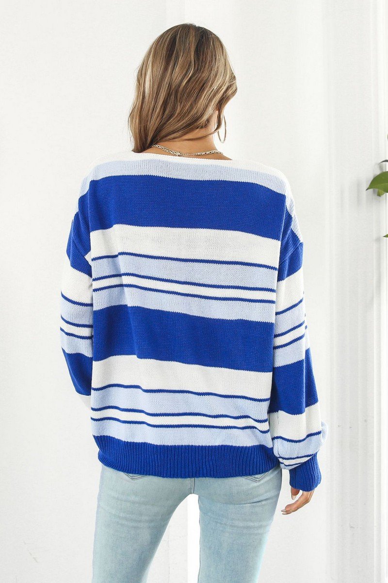 V NECK CASUAL STRIPE LONG SLEEVE SWEATER
