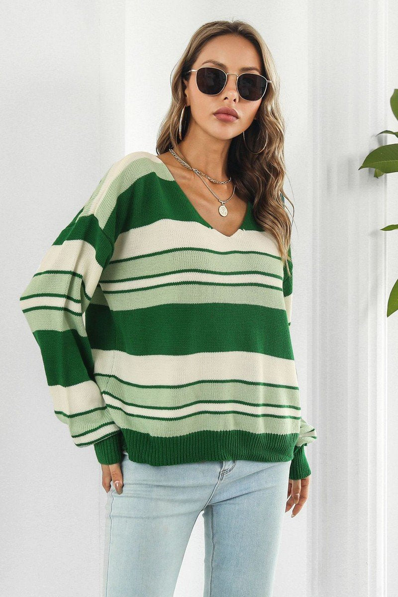 V NECK CASUAL STRIPE LONG SLEEVE SWEATER