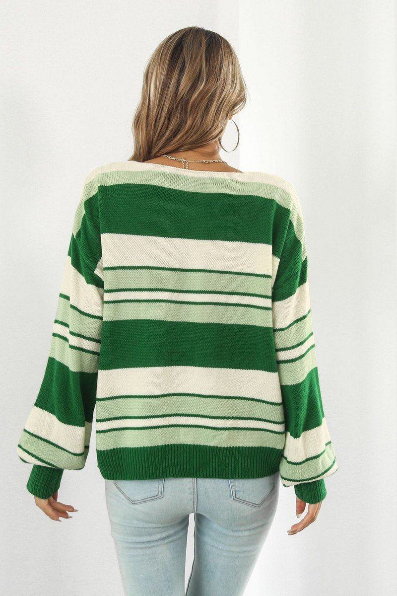 V NECK CASUAL STRIPE LONG SLEEVE SWEATER