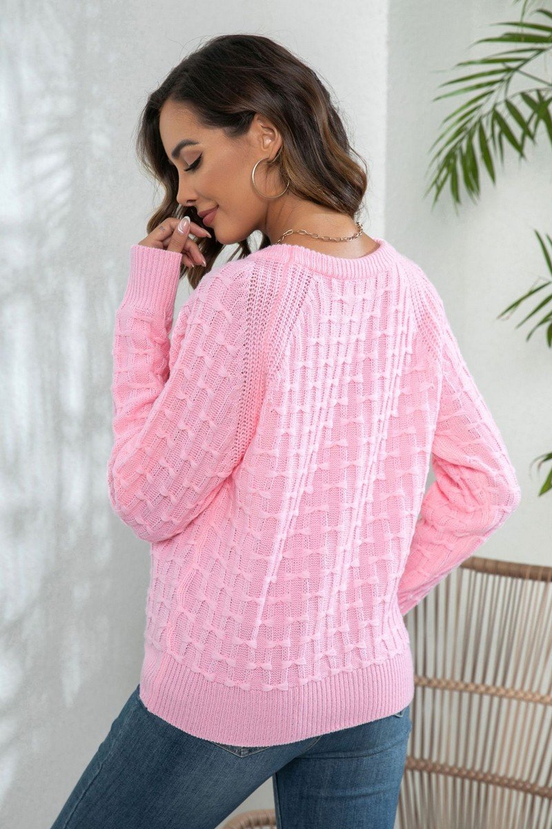 WOMEN WAFFLE LONG SLEEVE BUTTON PULLOVER SWEATER