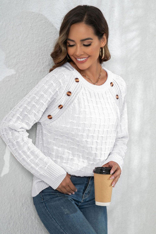 WOMEN WAFFLE LONG SLEEVE BUTTON PULLOVER SWEATER