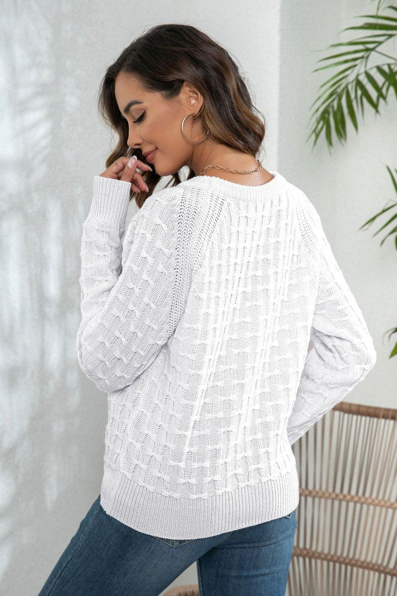 WOMEN WAFFLE LONG SLEEVE BUTTON PULLOVER SWEATER