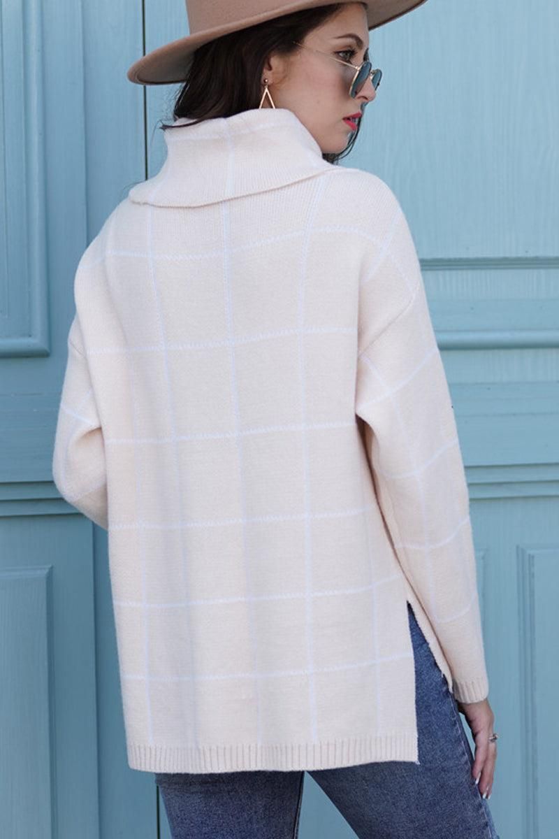 PLAID LINED TURTLE NECK WARM SWEATER - Doublju