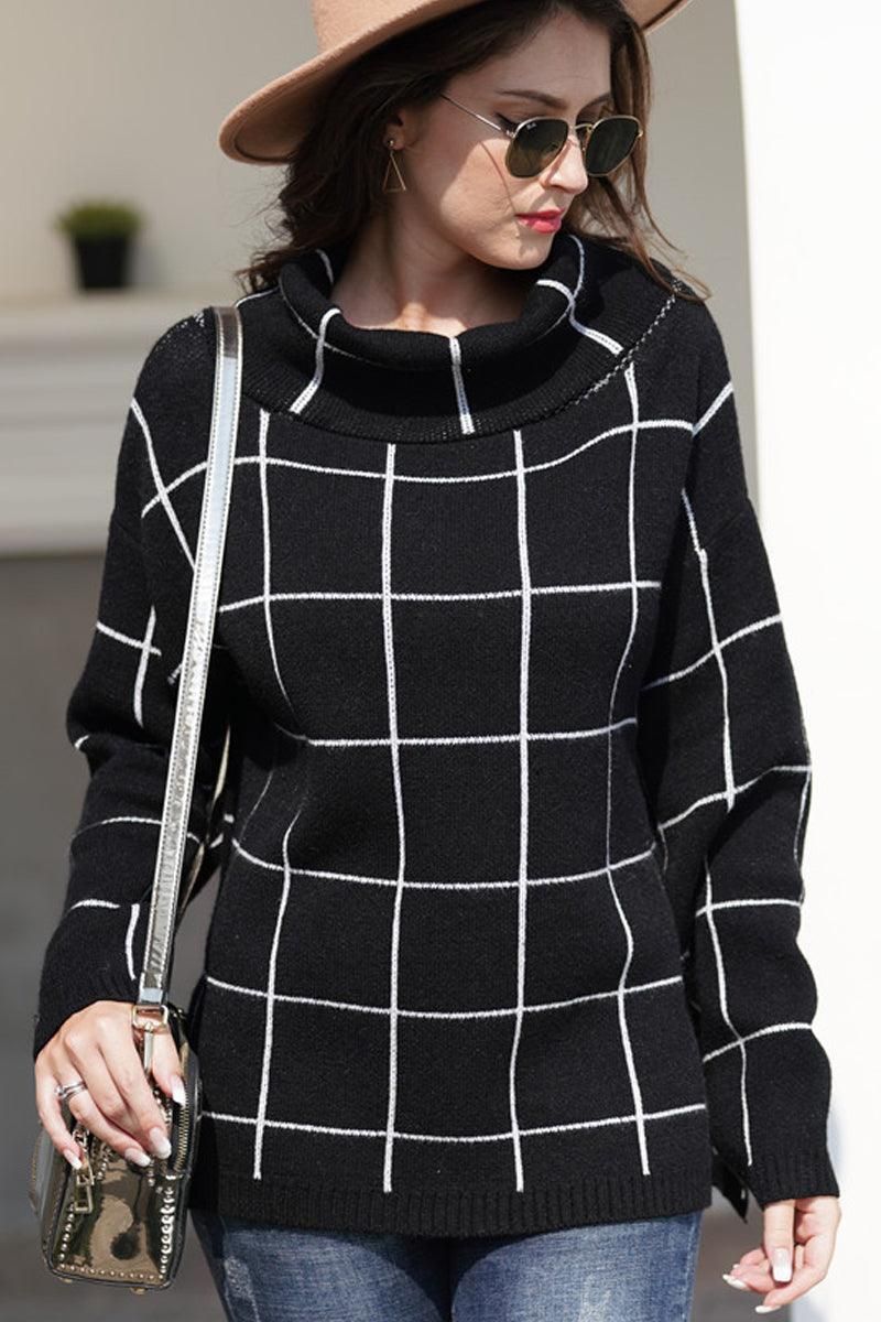 PLAID LINED TURTLE NECK WARM SWEATER - Doublju