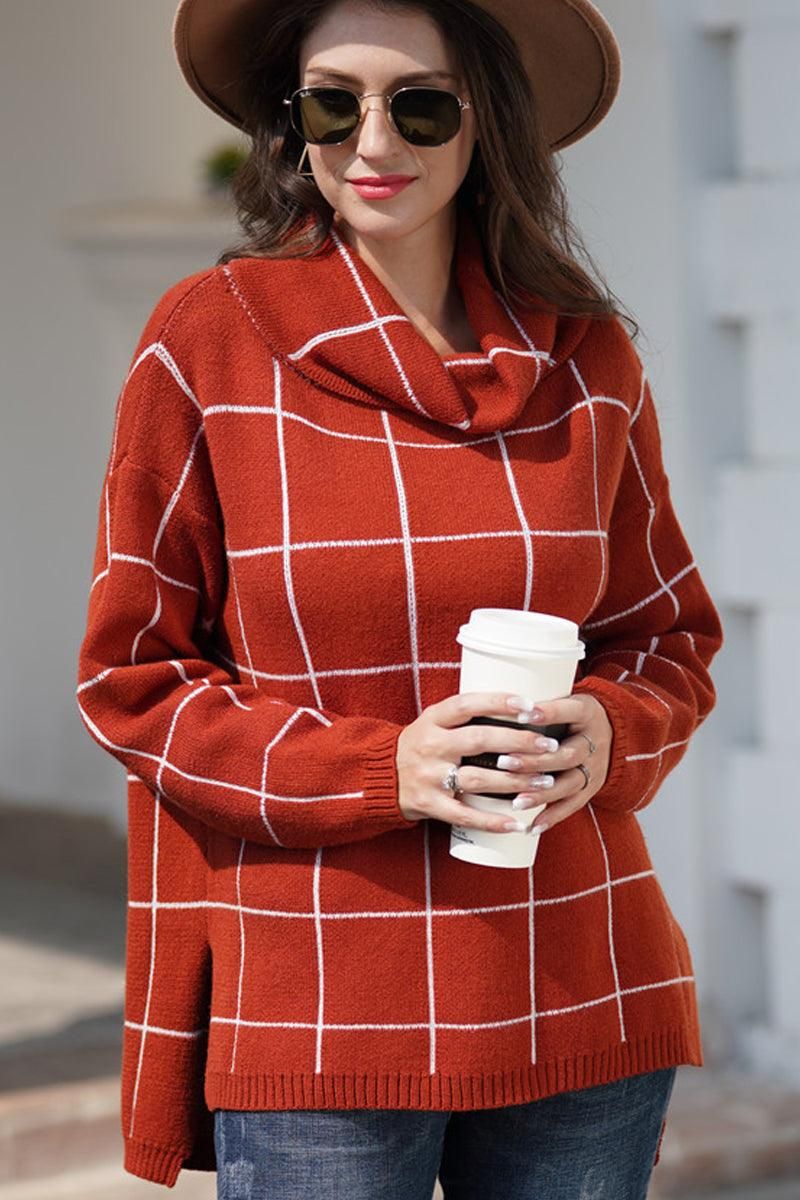 PLAID LINED TURTLE NECK WARM SWEATER - Doublju