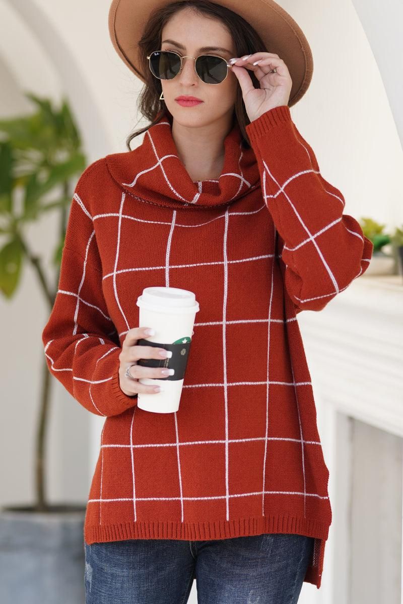 PLAID LINED TURTLE NECK WARM SWEATER - Doublju