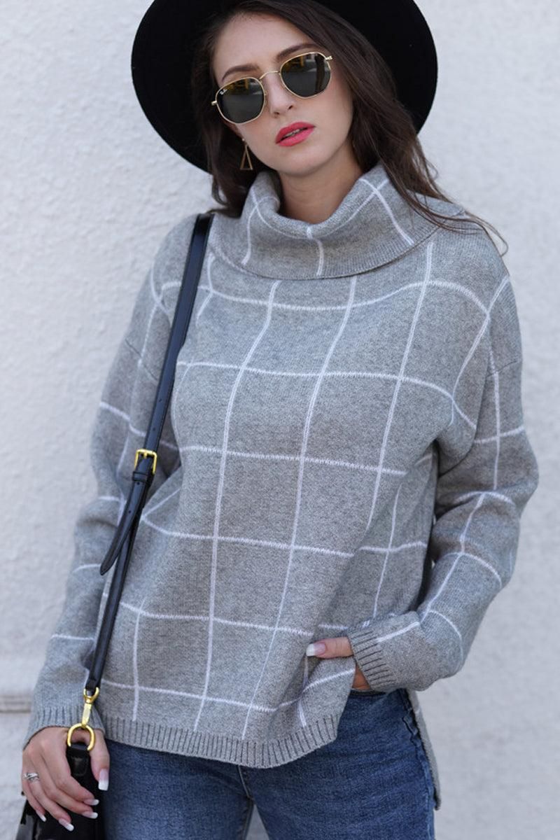 PLAID LINED TURTLE NECK WARM SWEATER - Doublju