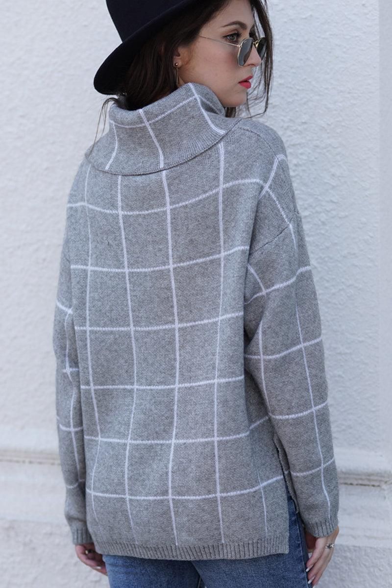 PLAID LINED TURTLE NECK WARM SWEATER - Doublju