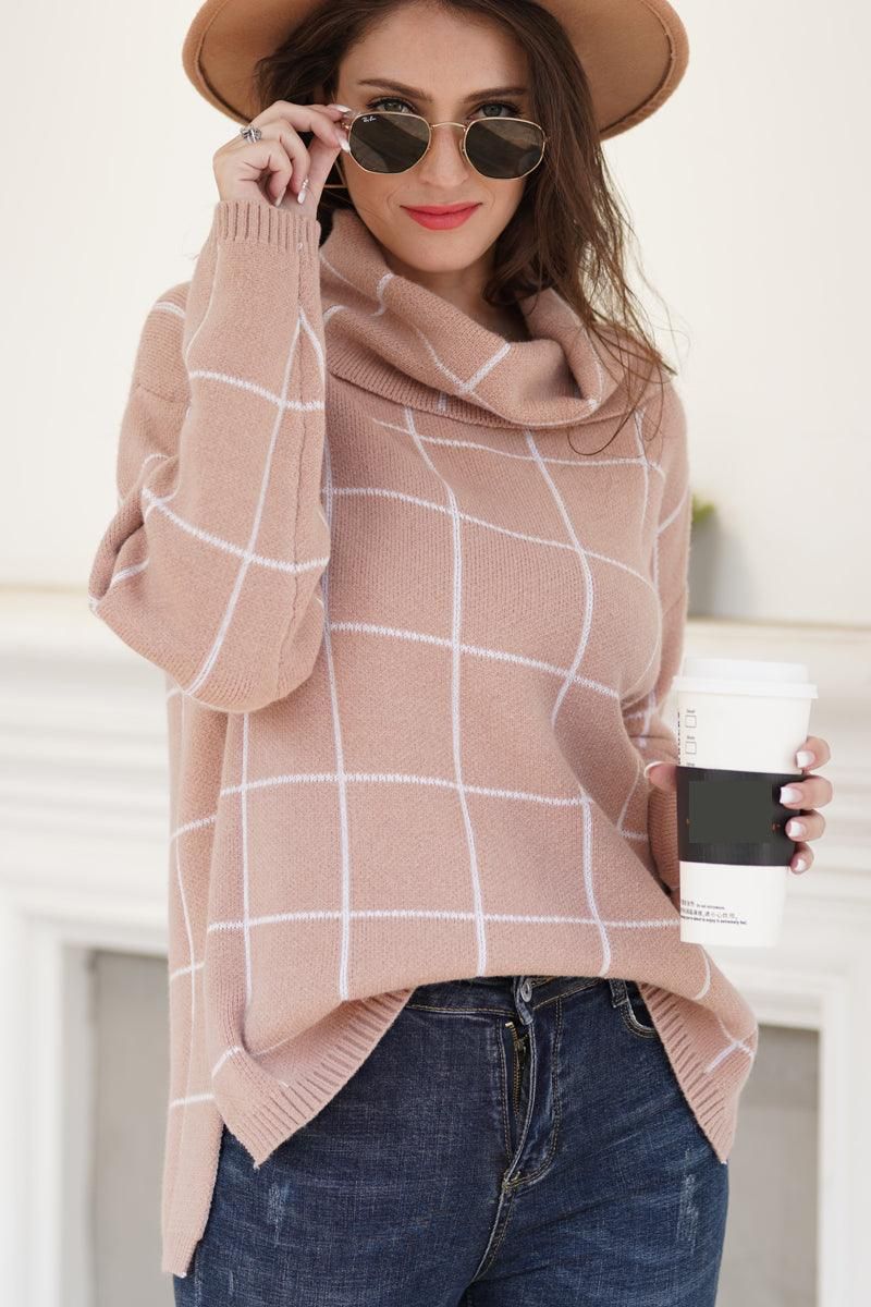 PLAID LINED TURTLE NECK WARM SWEATER - Doublju