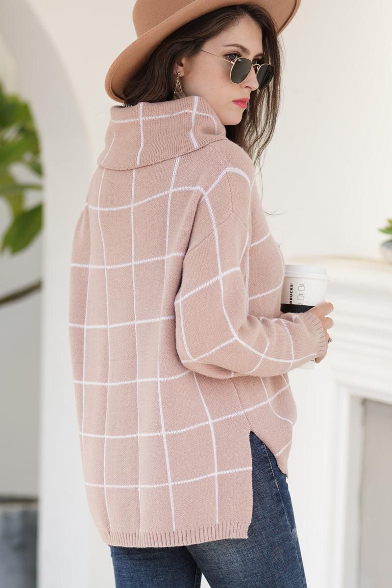 PLAID LINED TURTLE NECK WARM SWEATER - Doublju