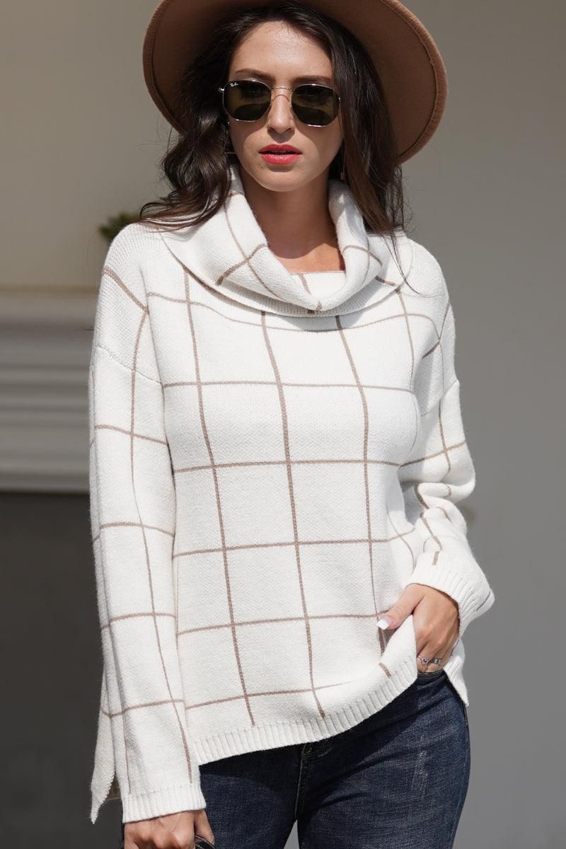 PLAID LINED TURTLE NECK WARM SWEATER - Doublju