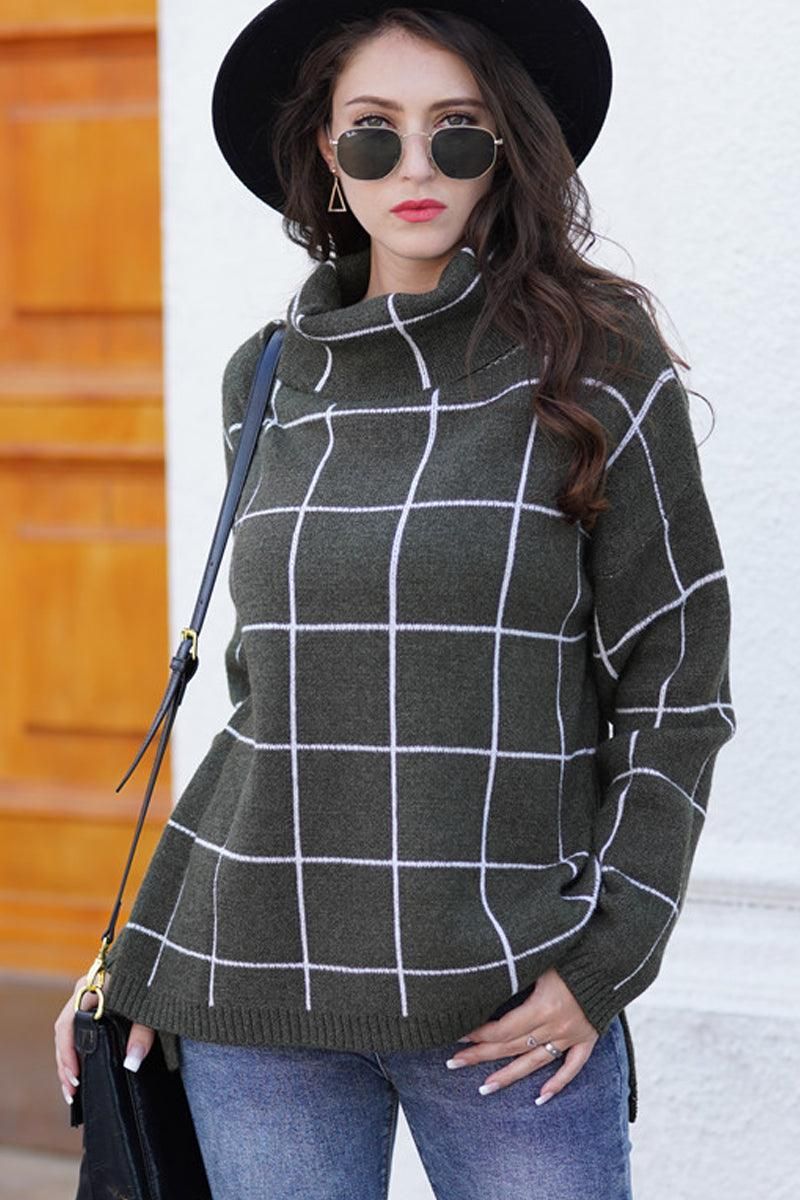 PLAID LINED TURTLE NECK WARM SWEATER - Doublju