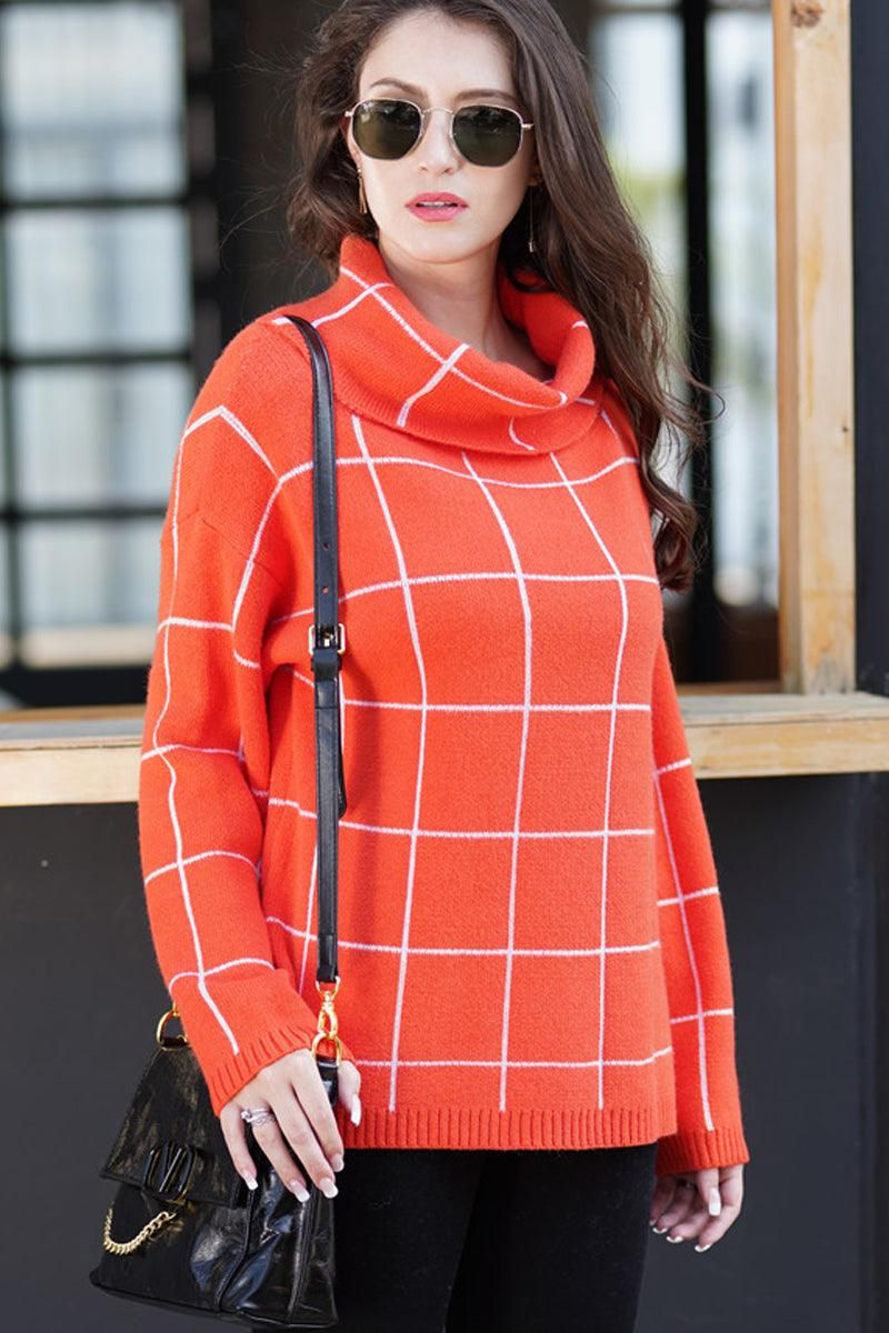 PLAID LINED TURTLE NECK WARM SWEATER - Doublju