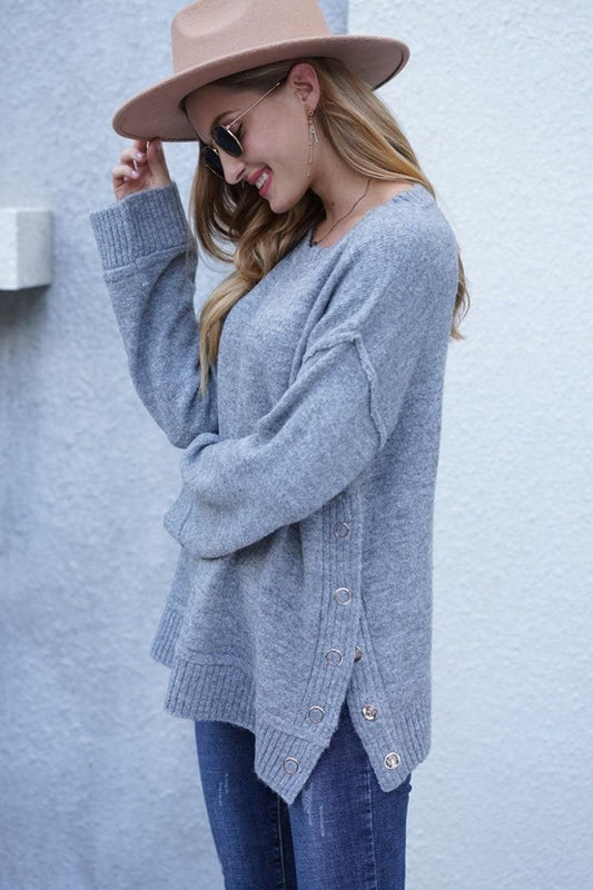 ROUND NECK KNIT LONG SLEEVE CASUAL SWEATER - Doublju