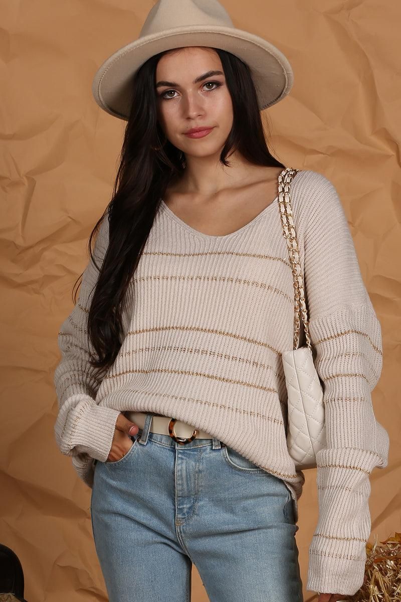 LOOSE SHOULDER STRIPE KNITTED PULLOVER SWEATER - Doublju