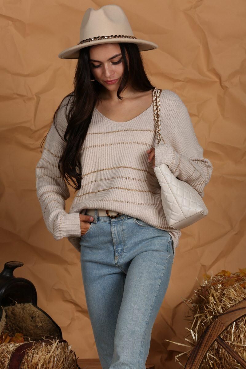 LOOSE SHOULDER STRIPE KNITTED PULLOVER SWEATER - Doublju