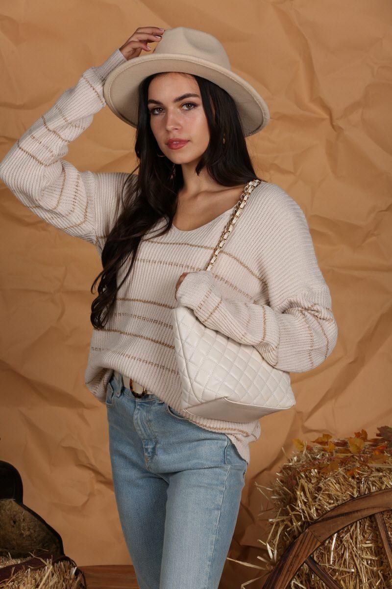 LOOSE SHOULDER STRIPE KNITTED PULLOVER SWEATER - Doublju