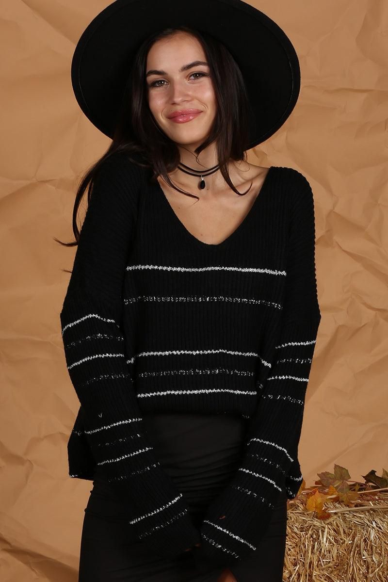LOOSE SHOULDER STRIPE KNITTED PULLOVER SWEATER - Doublju