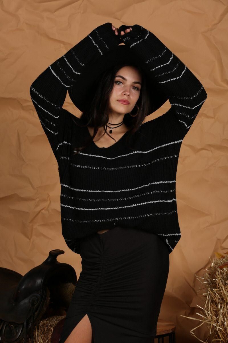 LOOSE SHOULDER STRIPE KNITTED PULLOVER SWEATER - Doublju