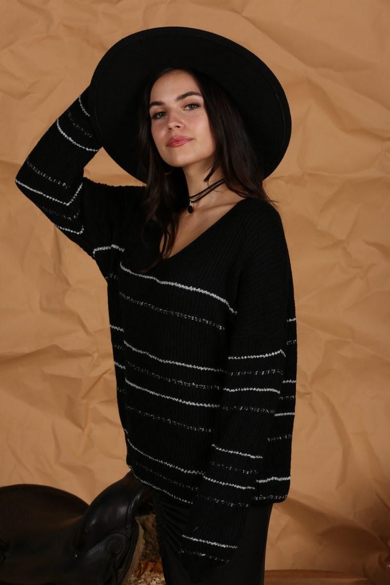 LOOSE SHOULDER STRIPE KNITTED PULLOVER SWEATER - Doublju
