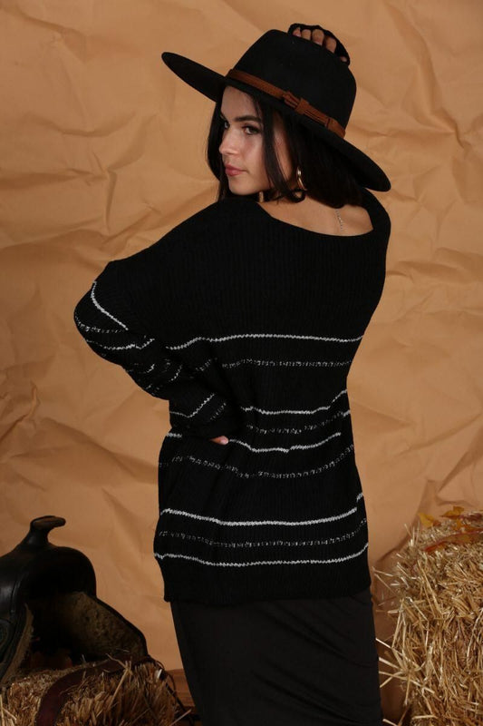 LOOSE SHOULDER STRIPE KNITTED PULLOVER SWEATER - Doublju