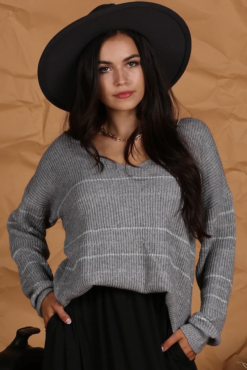 LOOSE SHOULDER STRIPE KNITTED PULLOVER SWEATER - Doublju