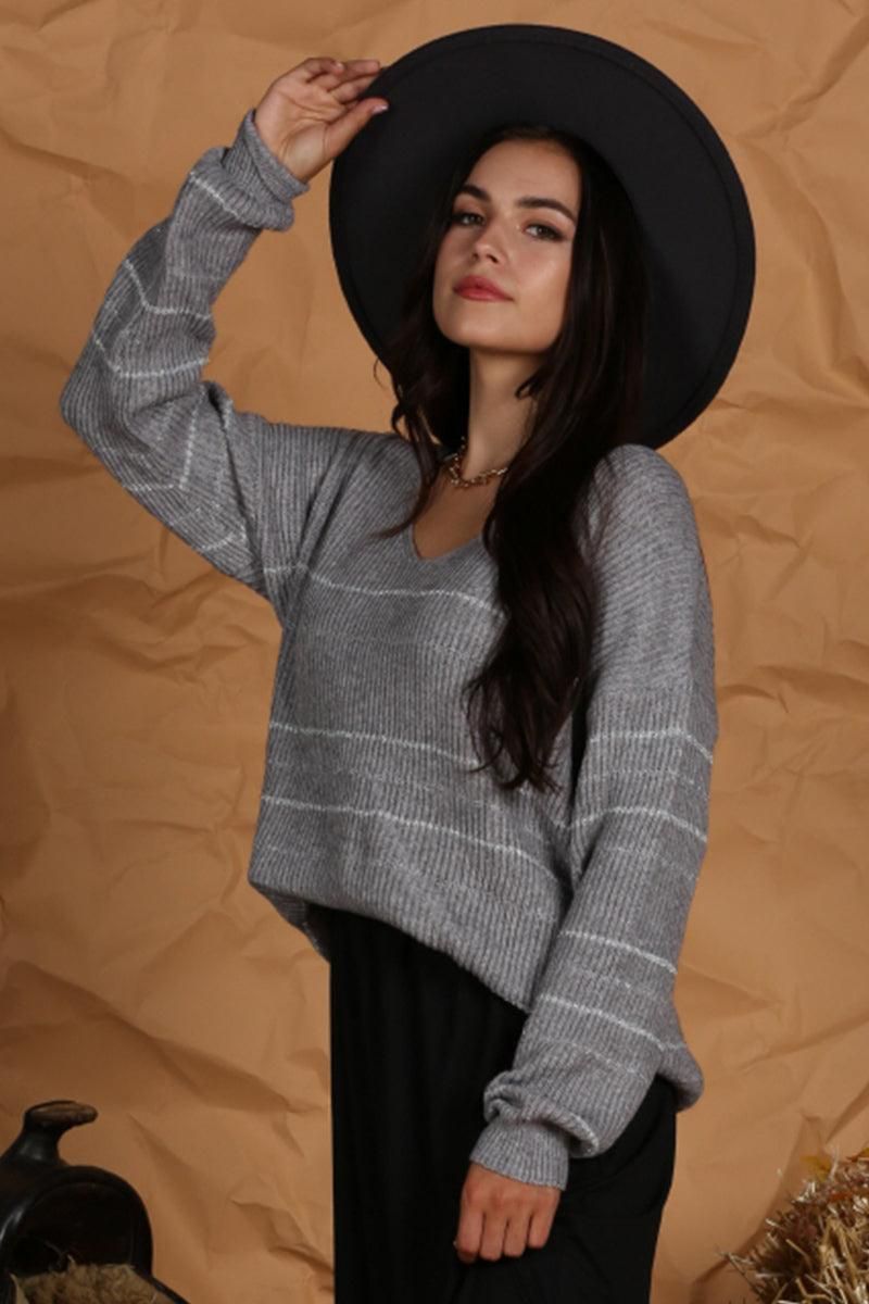 LOOSE SHOULDER STRIPE KNITTED PULLOVER SWEATER - Doublju