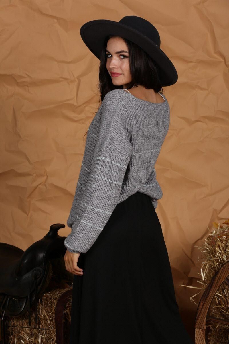 LOOSE SHOULDER STRIPE KNITTED PULLOVER SWEATER - Doublju