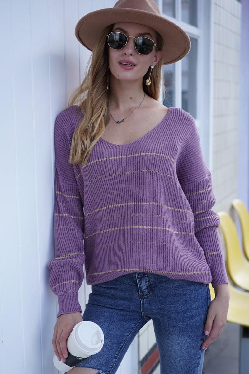LOOSE SHOULDER STRIPE KNITTED PULLOVER SWEATER - Doublju